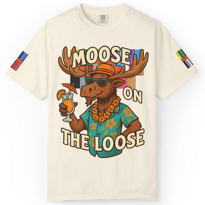 Moose On The Loose Funny Tropical Cartoon Vacation Shirt — Comfort Comfort Colors T-Shirt – Ivory – Alaska Cruise Shirts
