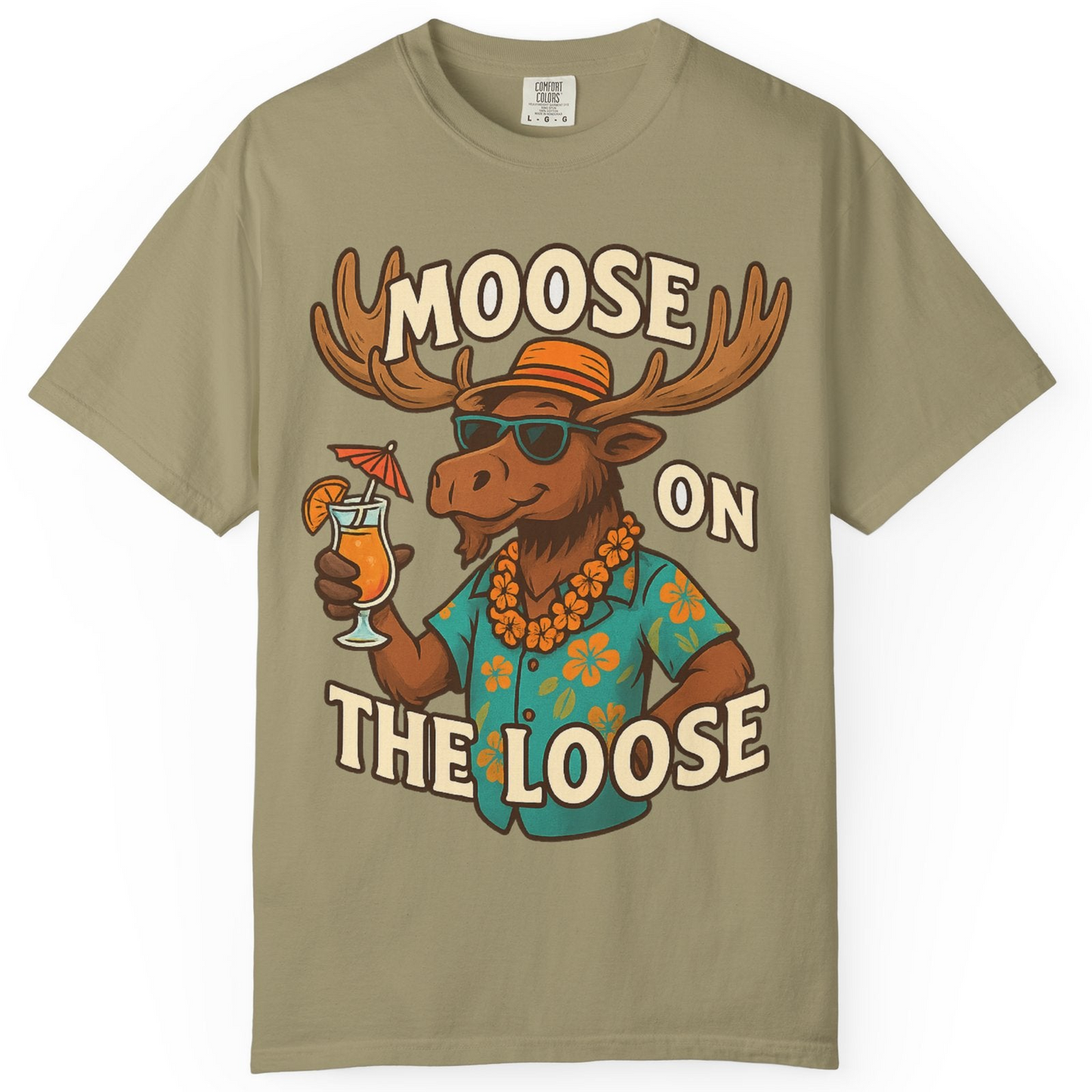 Moose On The Loose Funny Tropical Cartoon Vacation Shirt — Comfort Comfort Colors T-Shirt – Khaki – Alaska Cruise Shirts