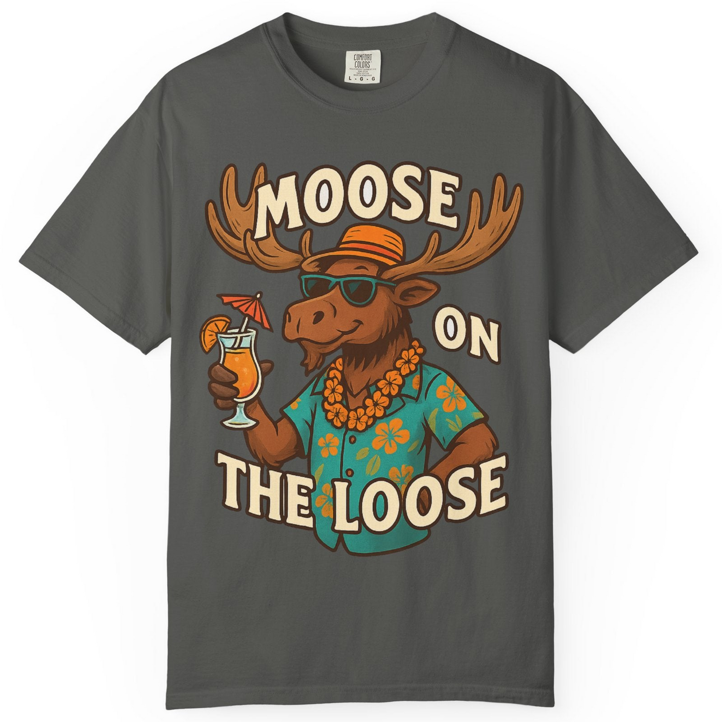 Moose On The Loose Funny Tropical Cartoon Vacation Shirt — Comfort Comfort Colors T-Shirt – Pepper – Alaska Cruise Shirts