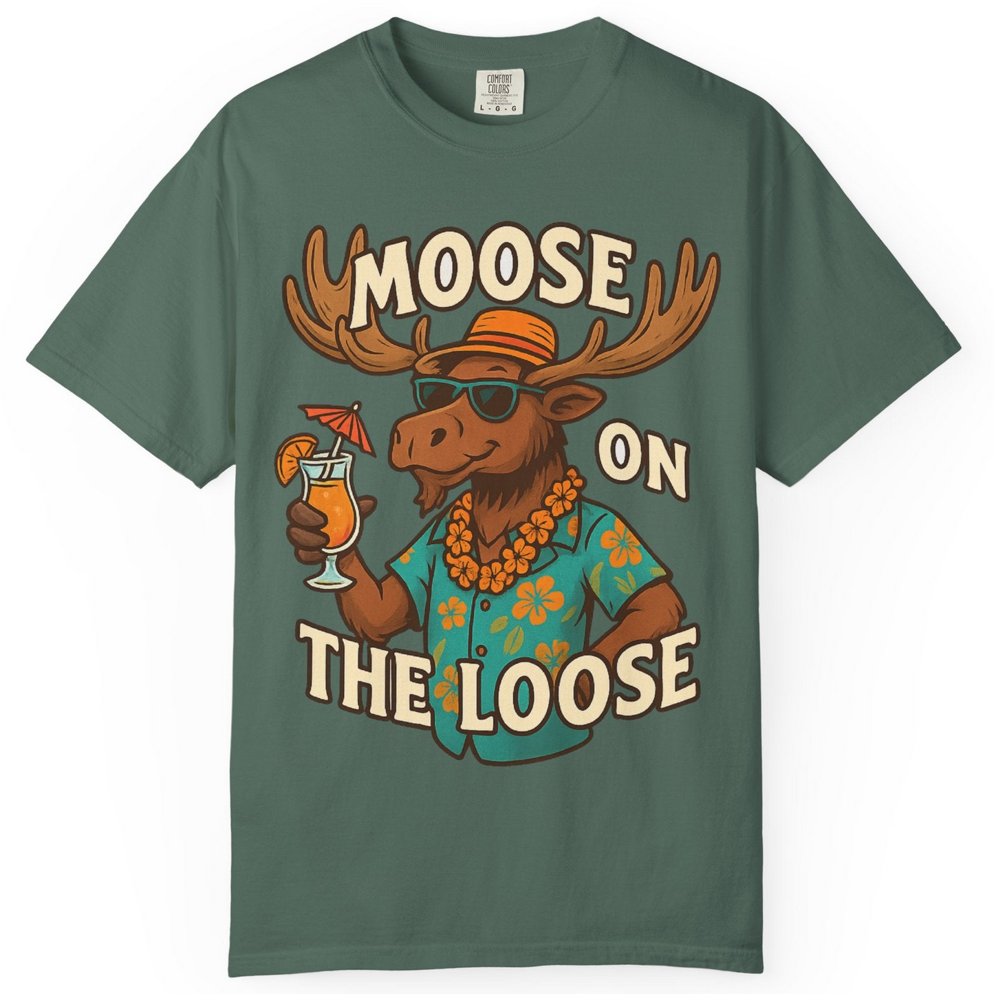 Moose On The Loose Funny Tropical Cartoon Vacation Shirt — Comfort Comfort Colors T-Shirt – Blue Spruce – Alaska Cruise Shirts