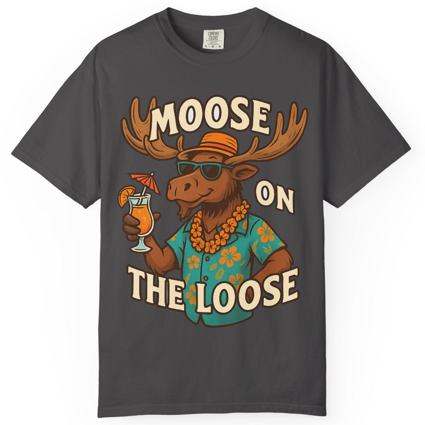 Moose On The Loose Funny Tropical Cartoon Vacation Shirt — Comfort Comfort Colors T-Shirt – Graphite – Alaska Cruise Shirts
