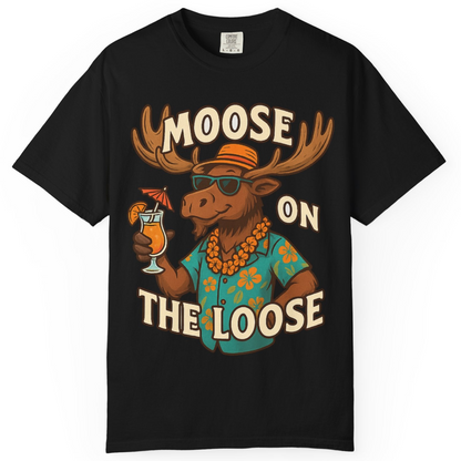 Moose On The Loose Funny Tropical Cartoon Vacation Shirt — Comfort Comfort Colors T-Shirt – Black – Alaska Cruise Shirts