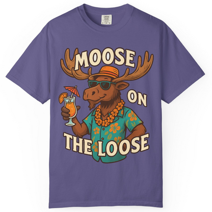 Moose On The Loose Funny Tropical Cartoon Vacation Shirt — Comfort Comfort Colors T-Shirt – Grape – Alaska Cruise Shirts