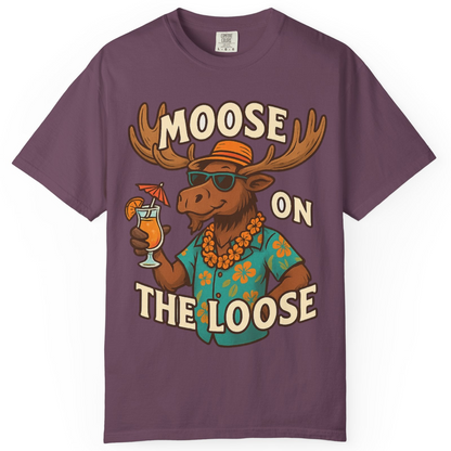 Moose On The Loose Funny Tropical Cartoon Vacation Shirt — Comfort Comfort Colors T-Shirt – Berry – Alaska Cruise Shirts