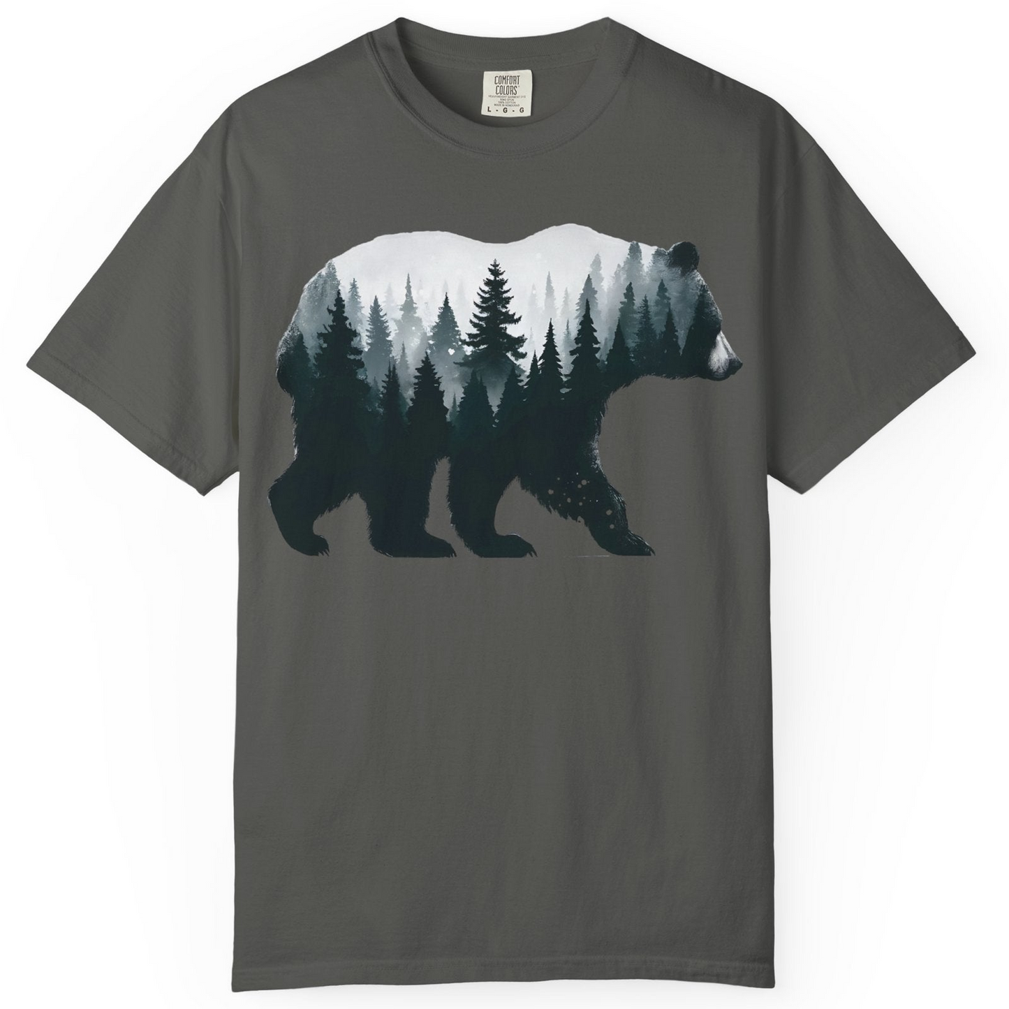 Double Exposure Bear Forest Silhouette Wilderness Shirt for Nature Lovers — Comfort Comfort Colors T-Shirt – Pepper – Alaska Cruise Shirts