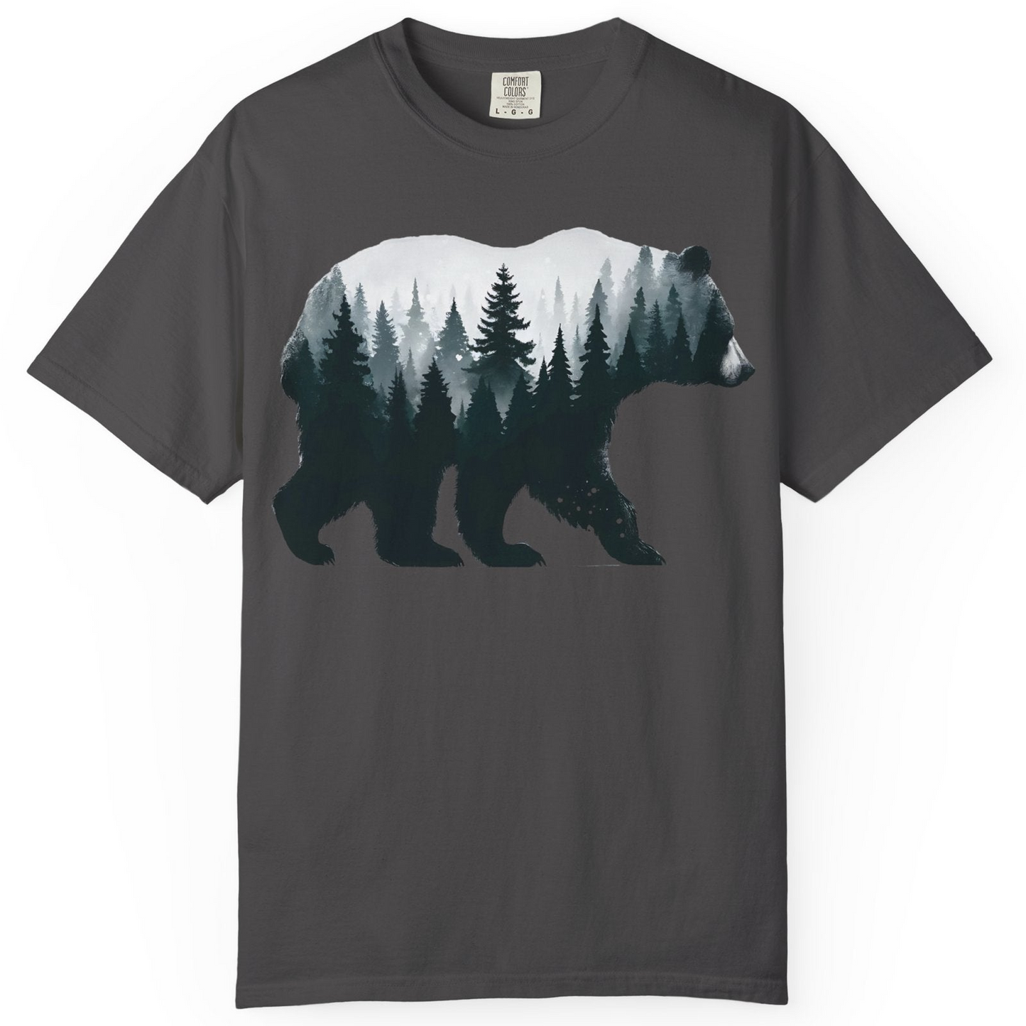 Double Exposure Bear Forest Silhouette Wilderness Shirt for Nature Lovers — Comfort Comfort Colors T-Shirt – Graphite – Alaska Cruise Shirts
