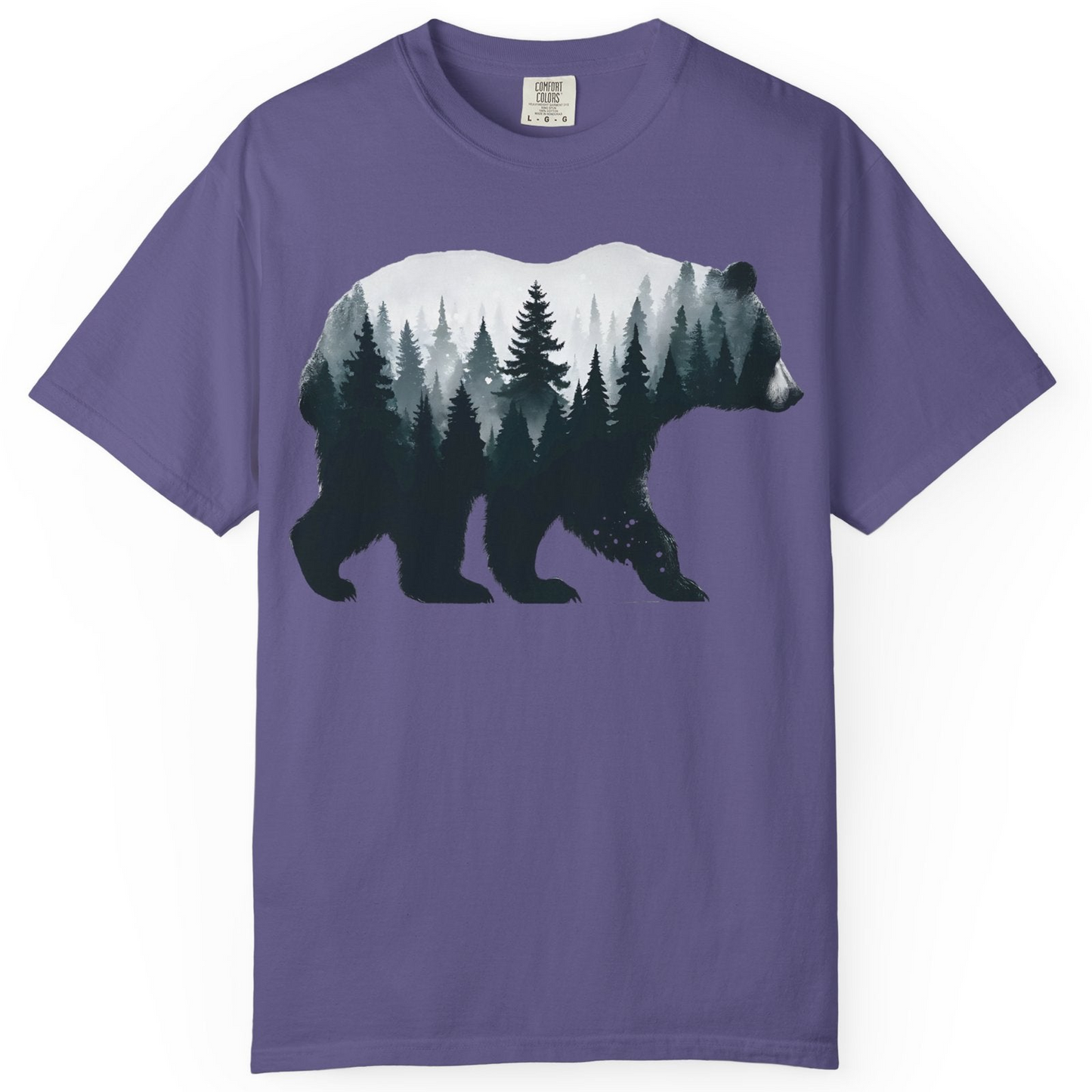 Double Exposure Bear Forest Silhouette Wilderness Shirt for Nature Lovers — Comfort Comfort Colors T-Shirt – Grape – Alaska Cruise Shirts