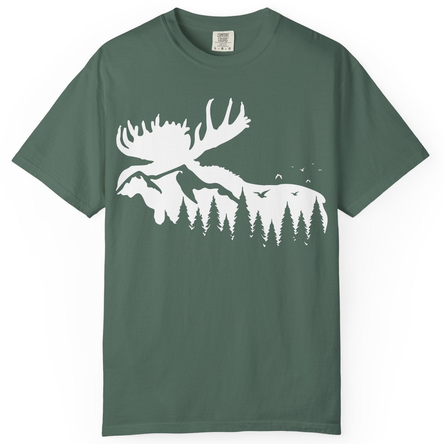 Moose Silhouette Forest Scene Shirt Comfort Colors T-Shirt – Blue Spruce – Alaska Cruise Shirts