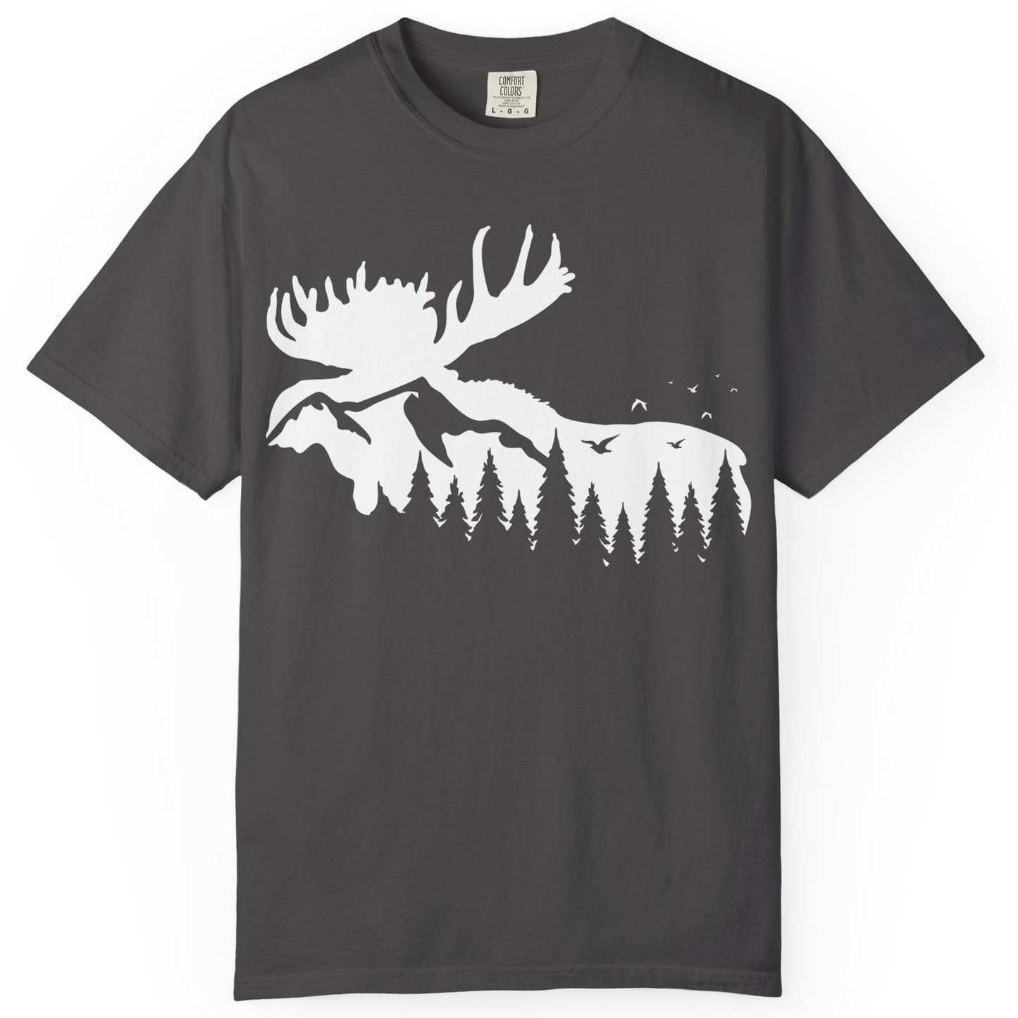 Moose Silhouette Forest Scene Shirt Comfort Colors T-Shirt – Graphite – Alaska Cruise Shirts