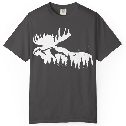 Moose Silhouette Forest Scene Shirt Comfort Colors T-Shirt – Graphite – Alaska Cruise Shirts