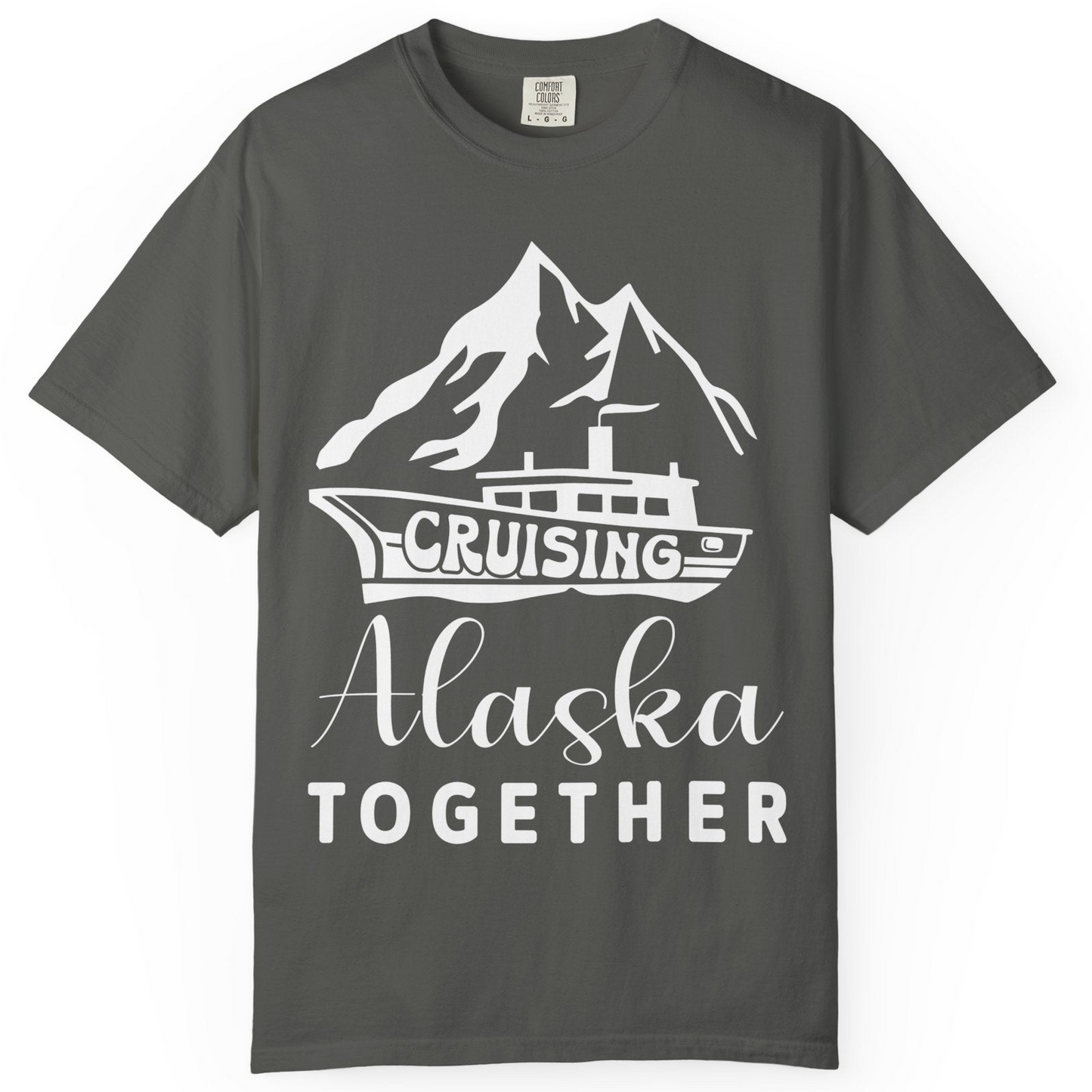 Cruising Alaska Together Mountains and Ship Family Cruise Shirt — Comfort Comfort Colors T-Shirt – Pepper – Alaska Cruise Shirts