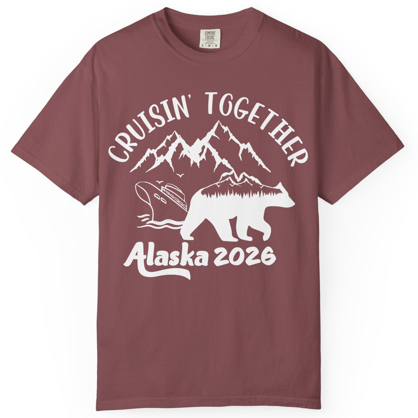 Cruisin Together Alaska 2026 Bear Mountain Group Cruise Shirt — Comfort Comfort Colors T-Shirt – Brick – Alaska Cruise Shirts