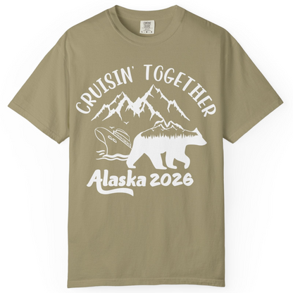 Cruisin Together Alaska 2026 Bear Mountain Group Cruise Shirt — Comfort Comfort Colors T-Shirt – Khaki – Alaska Cruise Shirts
