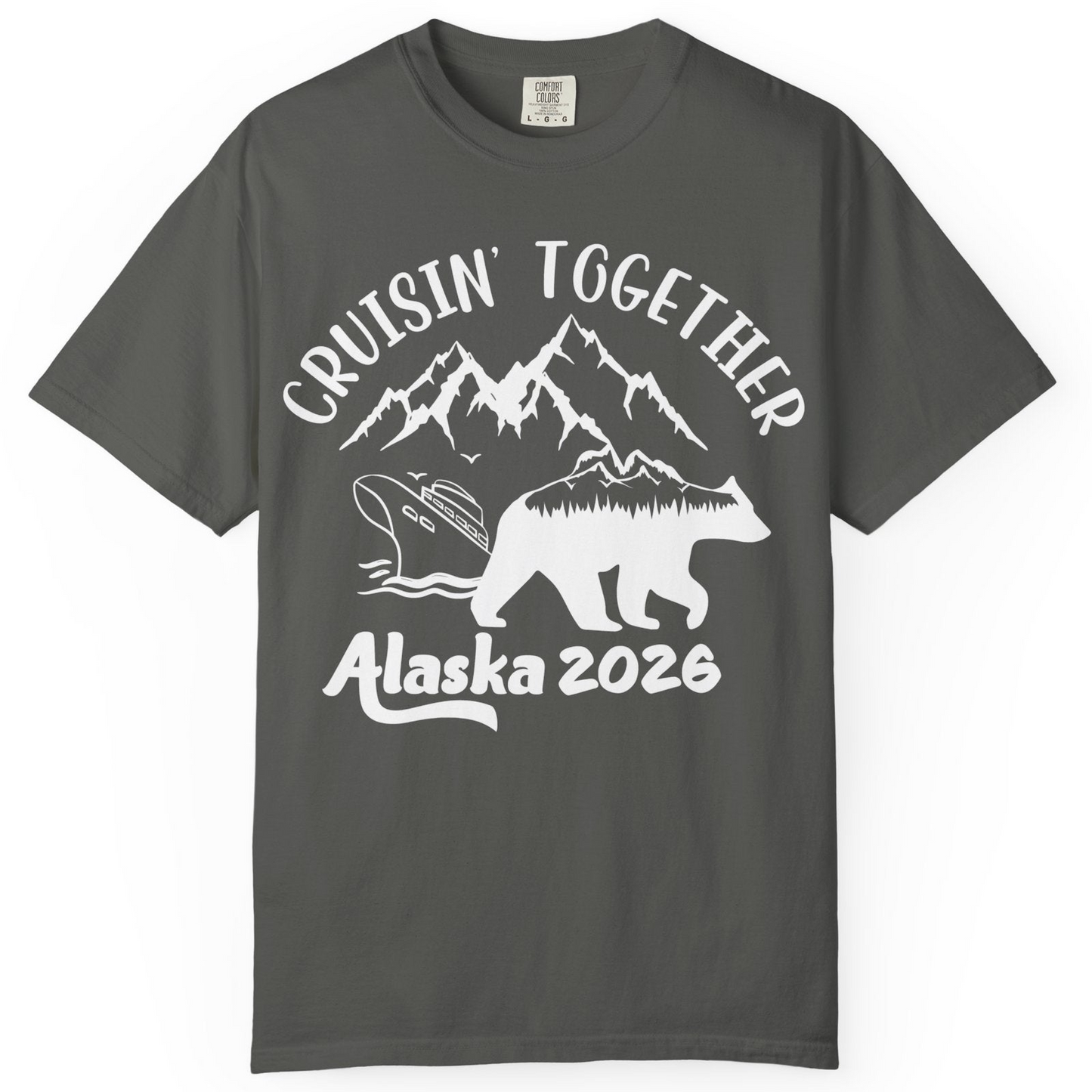 Cruisin Together Alaska 2026 Bear Mountain Group Cruise Shirt — Comfort Comfort Colors T-Shirt – Pepper – Alaska Cruise Shirts