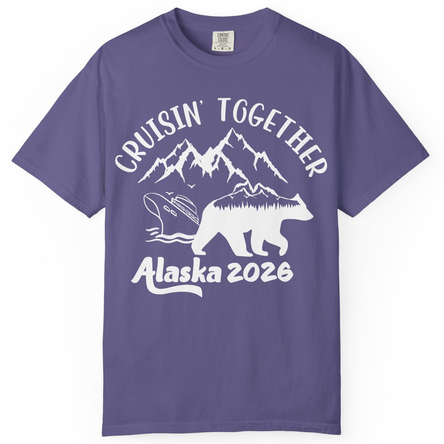 Cruisin Together Alaska 2026 Bear Mountain Group Cruise Shirt — Comfort Comfort Colors T-Shirt – Grape – Alaska Cruise Shirts