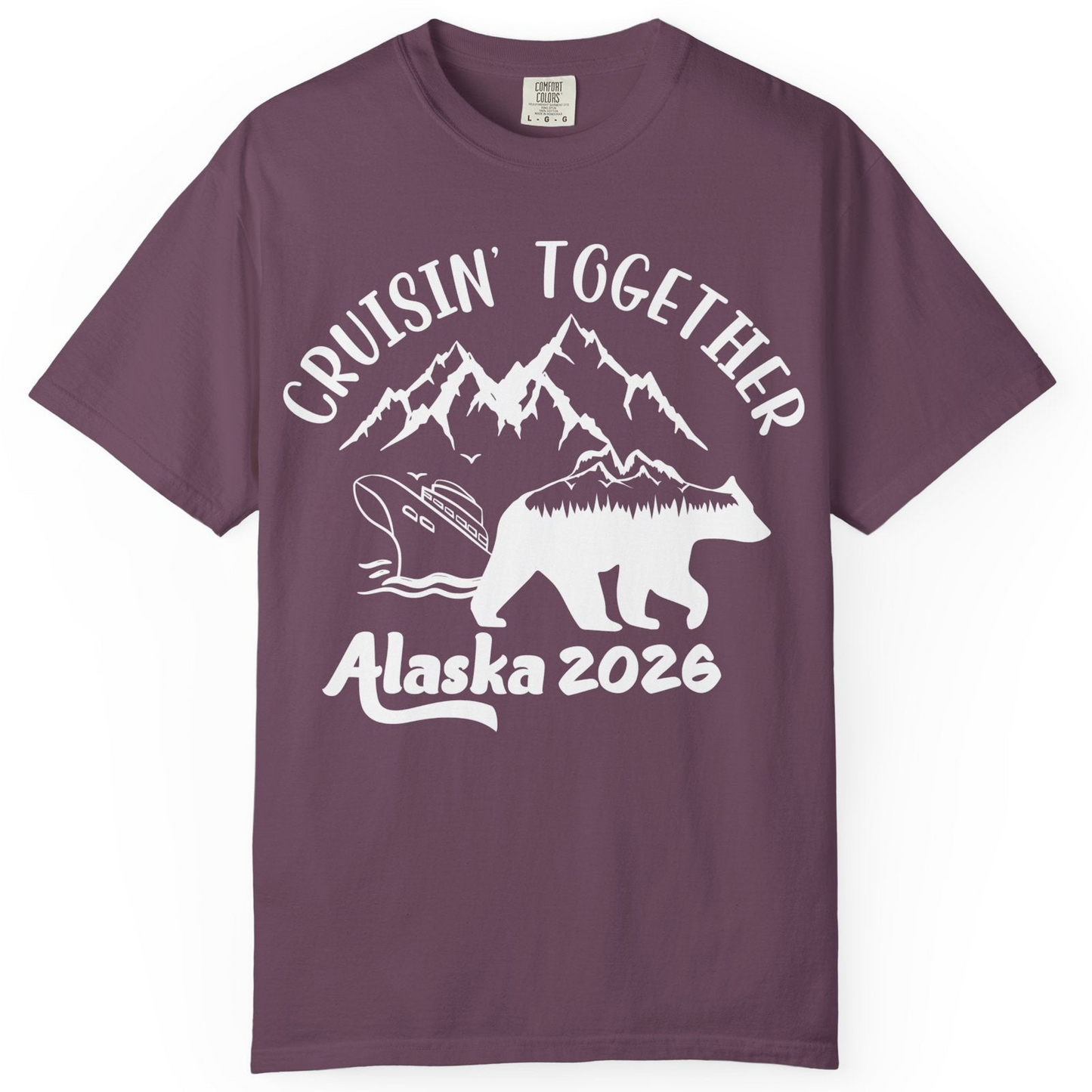 Cruisin Together Alaska 2026 Bear Mountain Group Cruise Shirt — Comfort Comfort Colors T-Shirt – Berry – Alaska Cruise Shirts