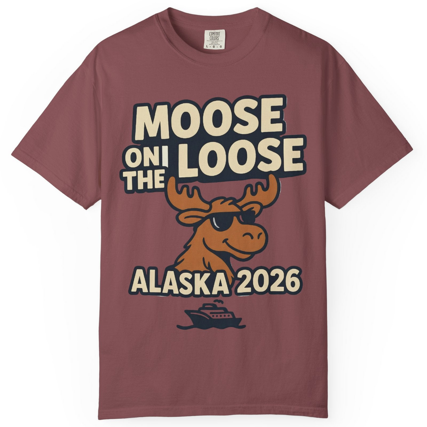 Moose on the Loose Alaska 2026 Cruise Cartoon Funny Shirt — Comfort Comfort Colors T-Shirt – Brick – Alaska Cruise Shirts
