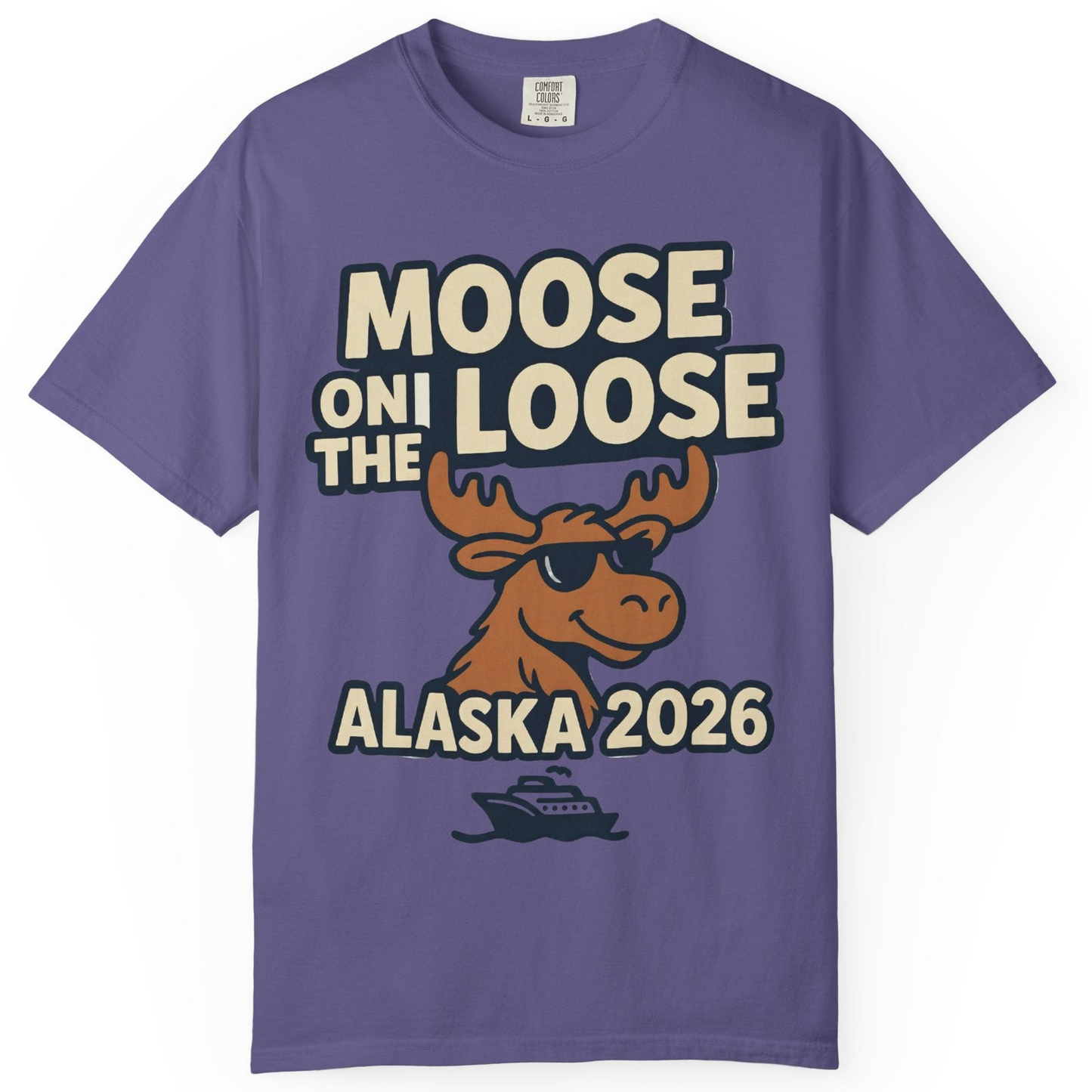 Moose on the Loose Alaska 2026 Cruise Cartoon Funny Shirt — Comfort Comfort Colors T-Shirt – Grape – Alaska Cruise Shirts
