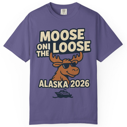 Moose on the Loose Alaska 2026 Cruise Cartoon Funny Shirt — Comfort Comfort Colors T-Shirt – Grape – Alaska Cruise Shirts