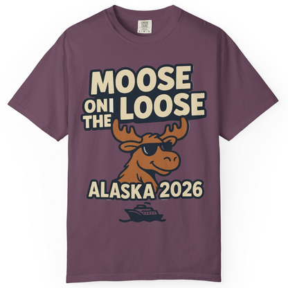 Moose on the Loose Alaska 2026 Cruise Cartoon Funny Shirt — Comfort Comfort Colors T-Shirt – Berry – Alaska Cruise Shirts