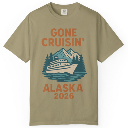 Gone Cruisin Alaska 2026 Retro Cruise Ship Nature Scenery Shirt — Comfort Comfort Colors T-Shirt – Khaki – Alaska Cruise Shirts