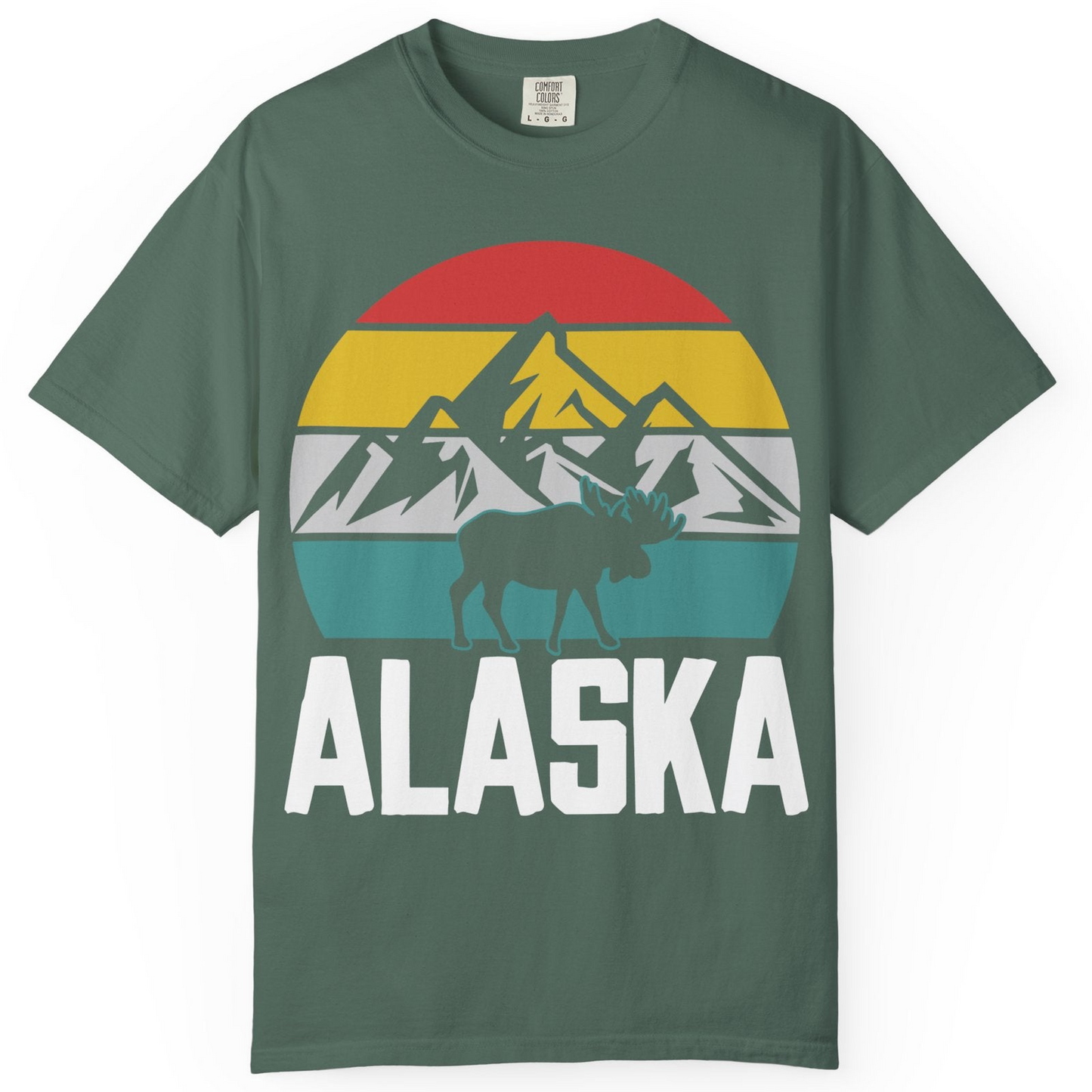 Retro Alaska Moose Silhouette Shirt Comfort Colors T-Shirt – Blue Spruce – Alaska Cruise Shirts