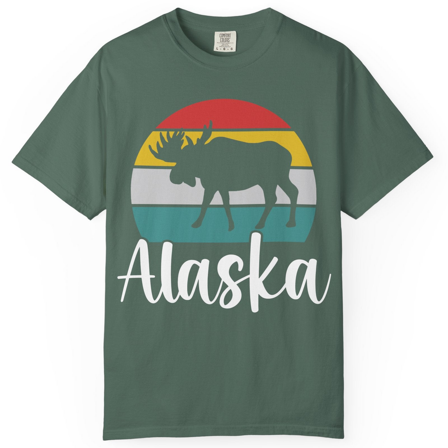 Retro Alaska Moose Silhouette Shirt Comfort Colors T-Shirt – Blue Spruce – Alaska Cruise Shirts