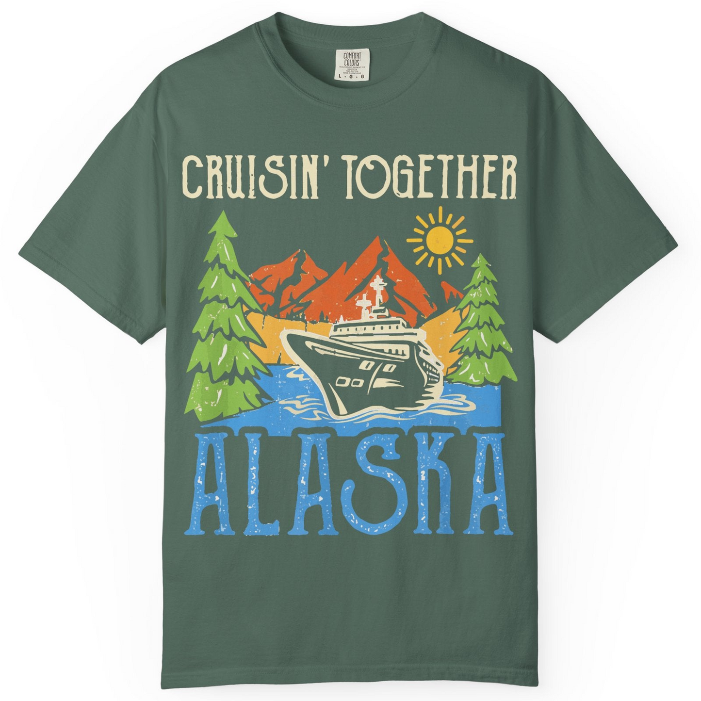 Alaska Cruise Adventure Nature Landscape Retro Family Shirt — Comfort Comfort Colors T-Shirt – Blue Spruce – Alaska Cruise Shirts