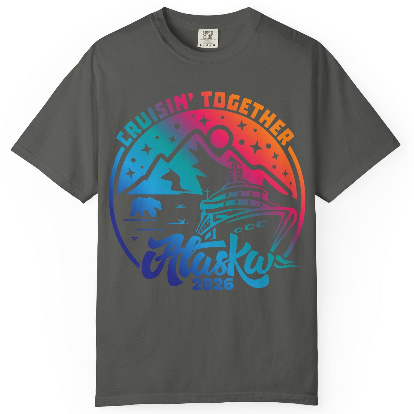 Alaska Cruise Adventure Mountains Wildlife Retro Family Group Shirt 2026 — Comfort Comfort Colors T-Shirt – Pepper – Alaska Cruise Shirts