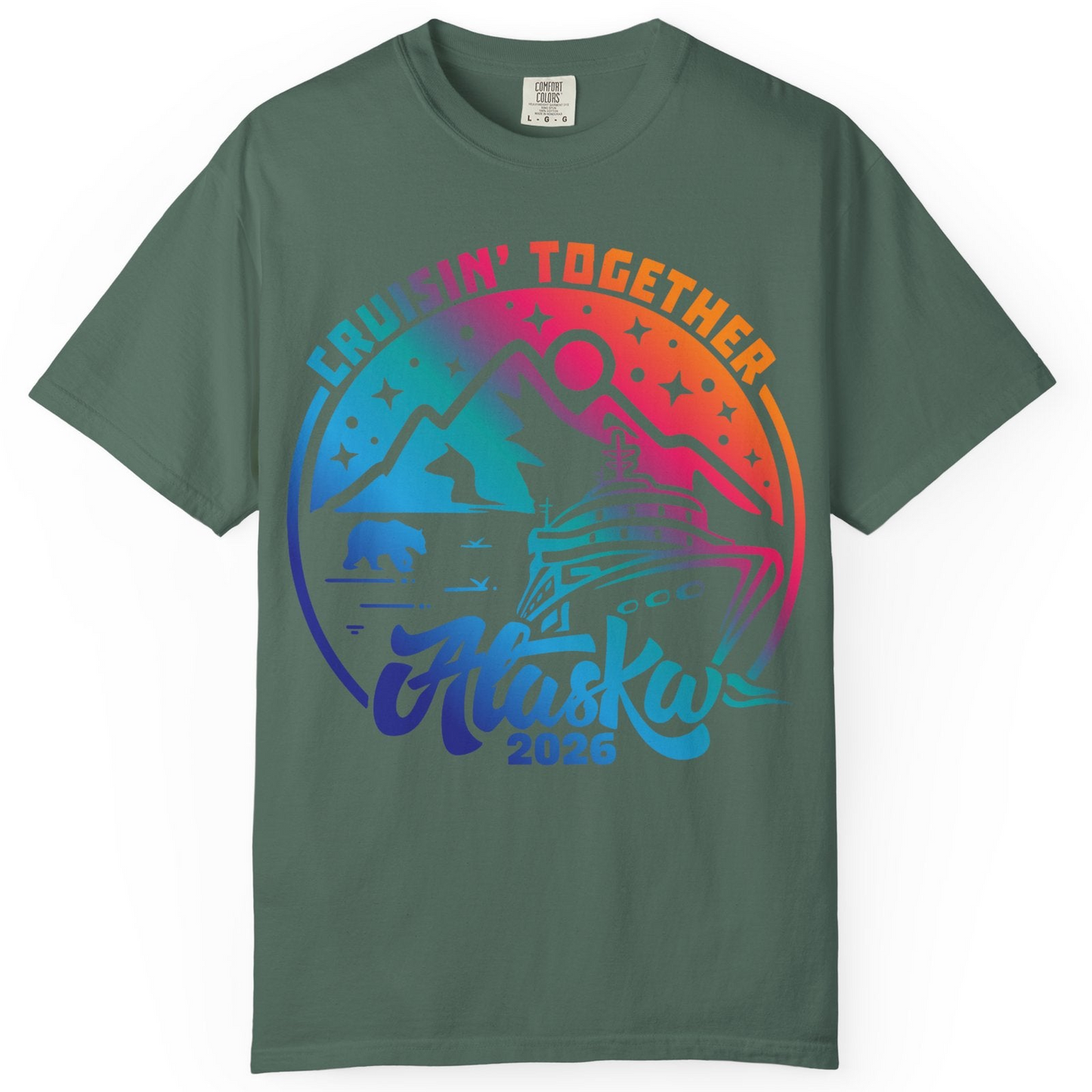 Alaska Cruise Adventure Mountains Wildlife Retro Family Group Shirt 2026 — Comfort Comfort Colors T-Shirt – Blue Spruce – Alaska Cruise Shirts