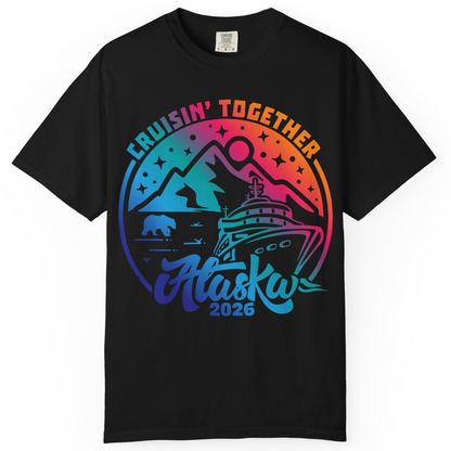 Alaska Cruise Adventure Mountains Wildlife Retro Family Group Shirt 2026 — Comfort Comfort Colors T-Shirt – Black – Alaska Cruise Shirts