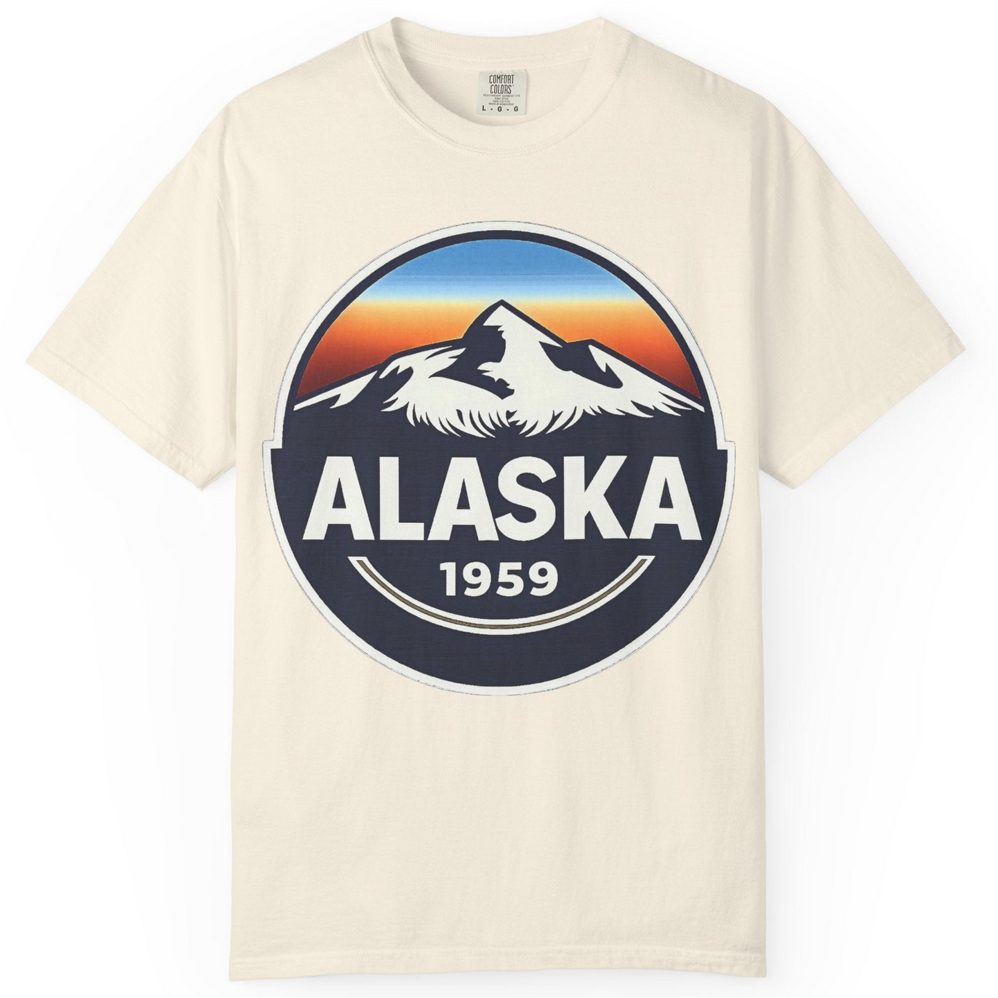 Alaska 1959 Retro Mountain Sunset Badge Shirt Vintage Statehood Tee — Comfort Comfort Colors T-Shirt – Ivory – Alaska Cruise Shirts