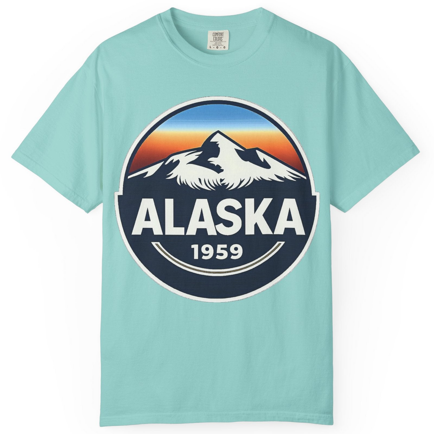 Alaska 1959 Retro Mountain Sunset Badge Shirt Vintage Statehood Tee — Comfort Comfort Colors T-Shirt – Chalky Mint – Alaska Cruise Shirts