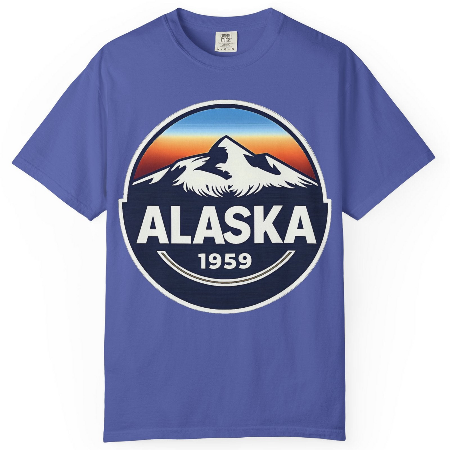 Alaska 1959 Retro Mountain Sunset Badge Shirt Vintage Statehood Tee — Comfort Comfort Colors T-Shirt – Periwinkle – Alaska Cruise Shirts