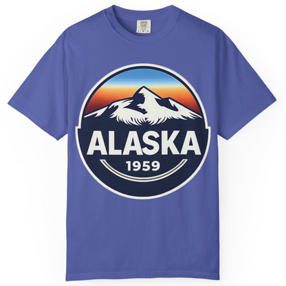 Alaska 1959 Retro Mountain Sunset Badge Shirt Vintage Statehood Tee — Comfort Comfort Colors T-Shirt – Periwinkle – Alaska Cruise Shirts