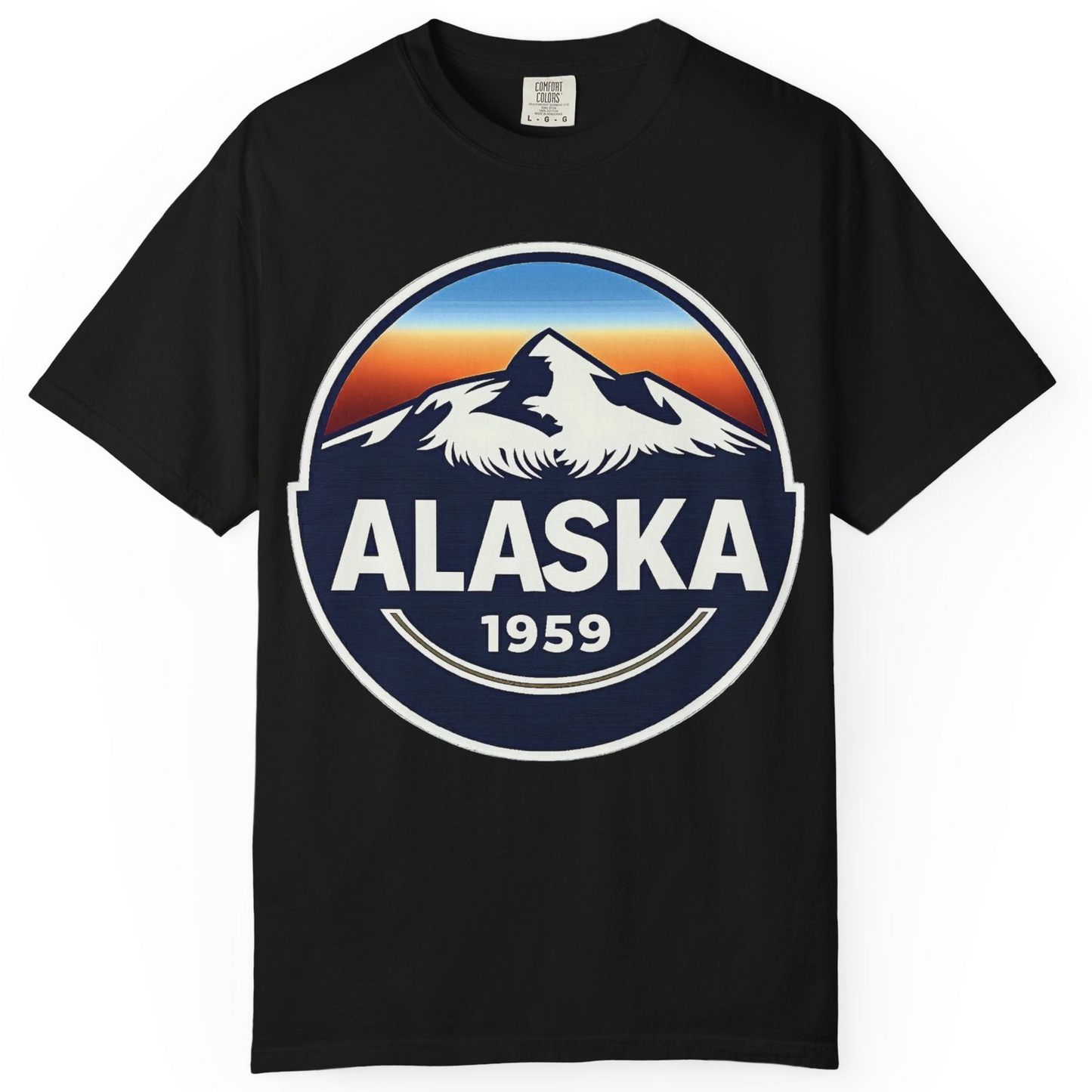 Alaska 1959 Retro Mountain Sunset Badge Shirt Vintage Statehood Tee — Comfort Comfort Colors T-Shirt – Black – Alaska Cruise Shirts