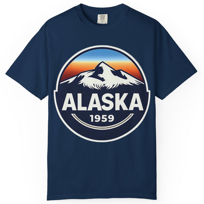 Alaska 1959 Retro Mountain Sunset Badge Shirt Vintage Statehood Tee — Comfort Comfort Colors T-Shirt – Navy – Alaska Cruise Shirts