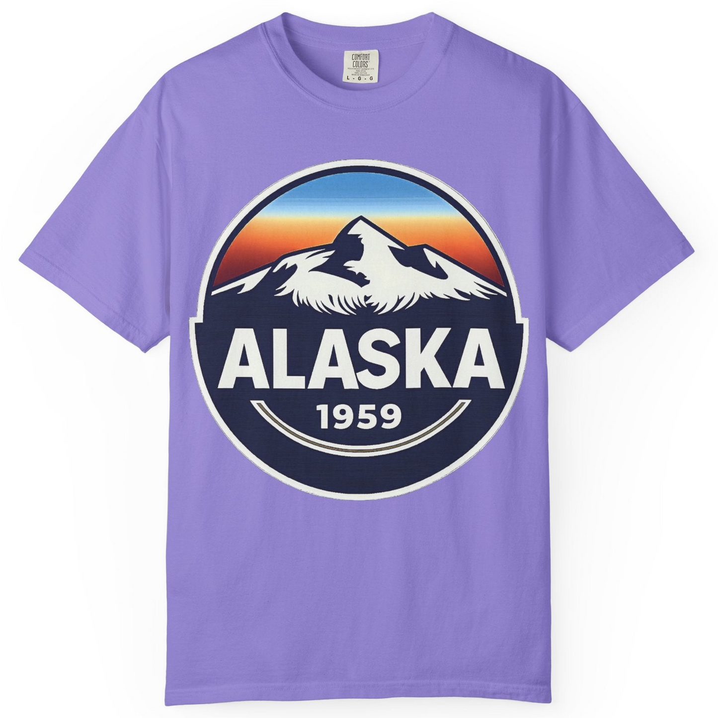 Alaska 1959 Retro Mountain Sunset Badge Shirt Vintage Statehood Tee — Comfort Comfort Colors T-Shirt – Violet – Alaska Cruise Shirts