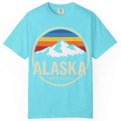 Alaska Vintage Mountain Sunset Shirt Comfort Colors T-Shirt – Lagoon Blue – Alaska Cruise Shirts