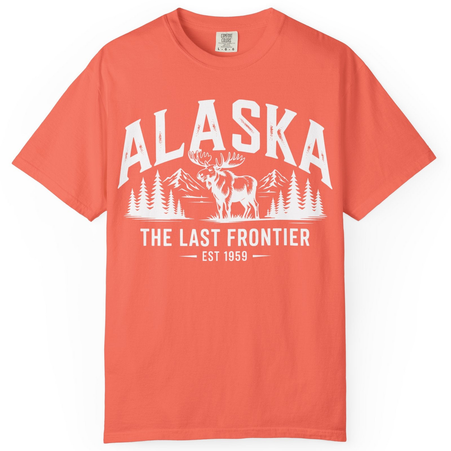 Alaska The Last Frontier Moose Mountain Wilderness Graphic Shirt — Comfort Comfort Colors T-Shirt – Bright Salmon – Alaska Cruise Shirts