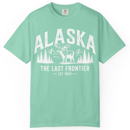 Alaska The Last Frontier Moose Mountain Wilderness Graphic Shirt — Comfort Comfort Colors T-Shirt – Island Reef – Alaska Cruise Shirts