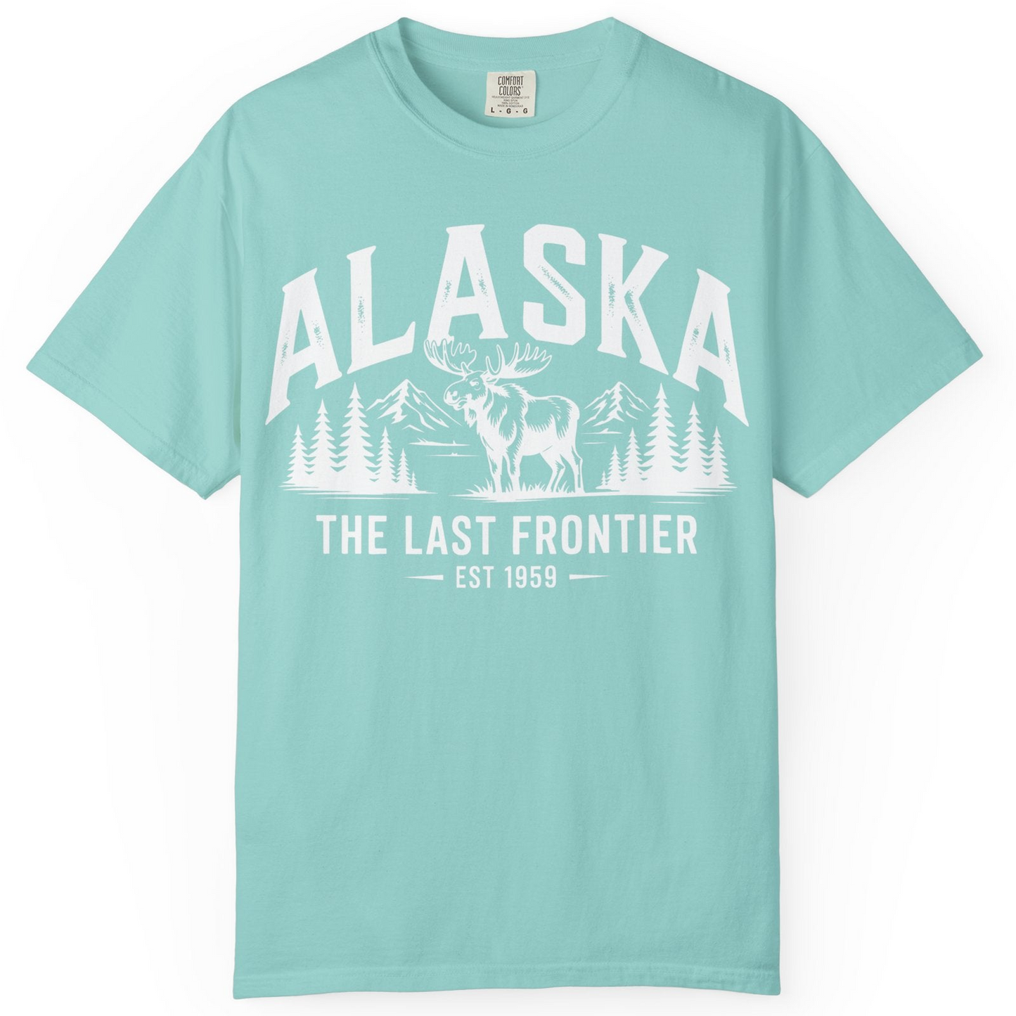 Alaska The Last Frontier Moose Mountain Wilderness Graphic Shirt — Comfort Comfort Colors T-Shirt – Chalky Mint – Alaska Cruise Shirts