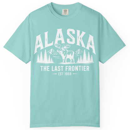 Alaska The Last Frontier Moose Mountain Wilderness Graphic Shirt — Comfort Comfort Colors T-Shirt – Chalky Mint – Alaska Cruise Shirts