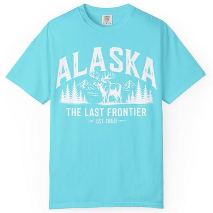 Alaska The Last Frontier Moose Mountain Wilderness Graphic Shirt — Comfort Comfort Colors T-Shirt – Lagoon Blue – Alaska Cruise Shirts