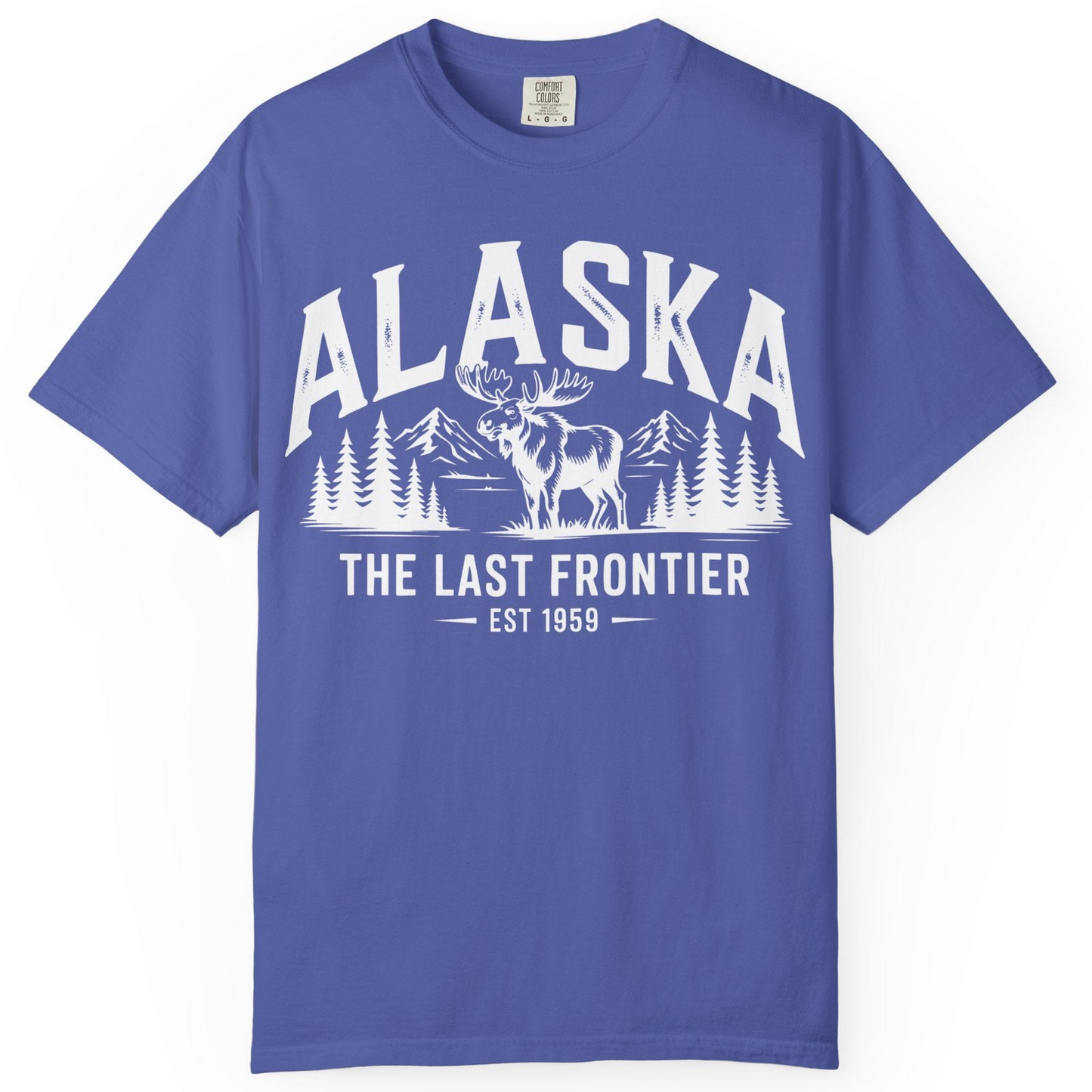 Alaska The Last Frontier Moose Mountain Wilderness Graphic Shirt — Comfort Comfort Colors T-Shirt – Periwinkle – Alaska Cruise Shirts