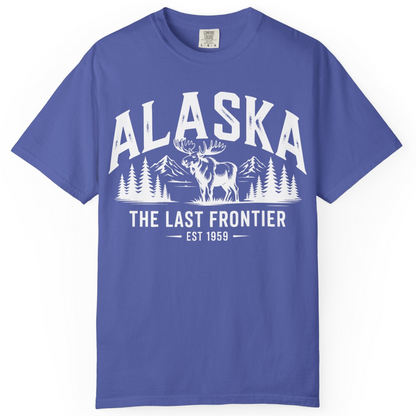 Alaska The Last Frontier Moose Mountain Wilderness Graphic Shirt — Comfort Comfort Colors T-Shirt – Periwinkle – Alaska Cruise Shirts