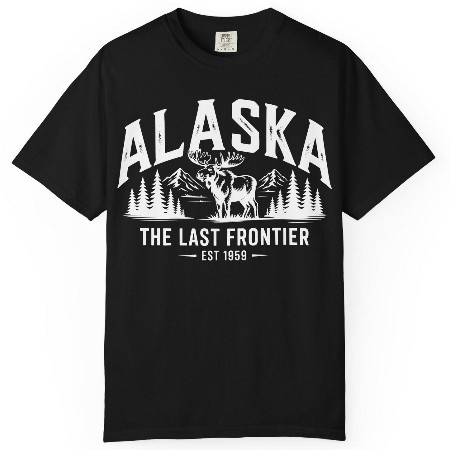Alaska The Last Frontier Moose Mountain Wilderness Graphic Shirt — Comfort Comfort Colors T-Shirt – Black – Alaska Cruise Shirts