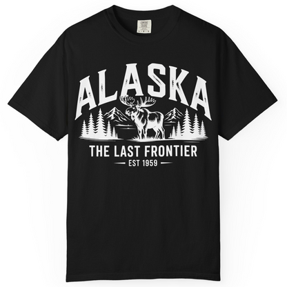 Alaska The Last Frontier Moose Mountain Wilderness Graphic Shirt — Comfort Comfort Colors T-Shirt – Black – Alaska Cruise Shirts