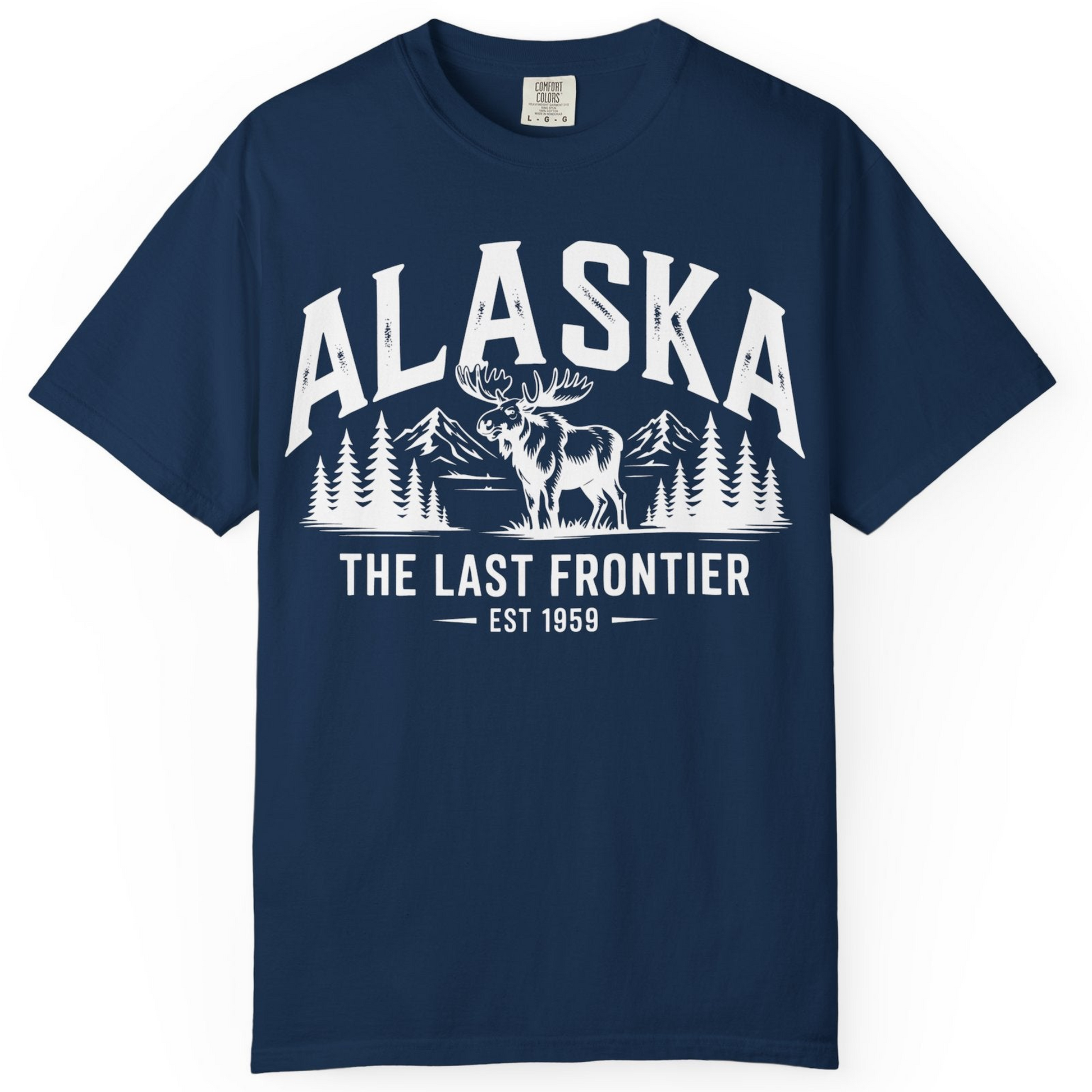 Alaska The Last Frontier Moose Mountain Wilderness Graphic Shirt — Comfort Comfort Colors T-Shirt – Navy – Alaska Cruise Shirts