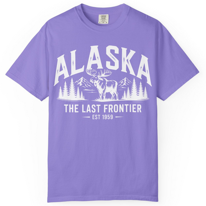 Alaska The Last Frontier Moose Mountain Wilderness Graphic Shirt — Comfort Comfort Colors T-Shirt – Violet – Alaska Cruise Shirts